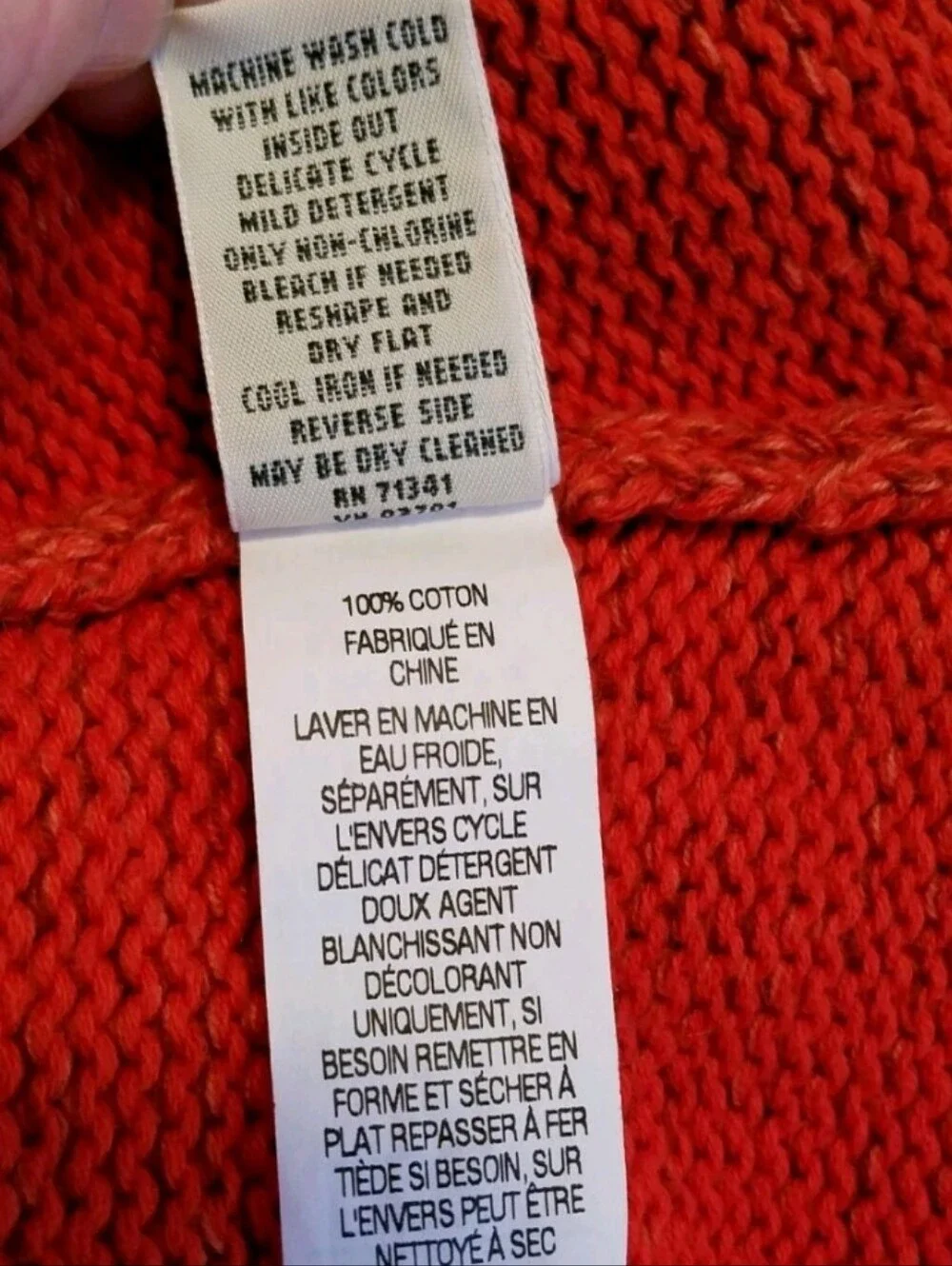 LL Bean Women's Sweater Size Small S Red Orange 100% Cotton 3/4 Sleeves